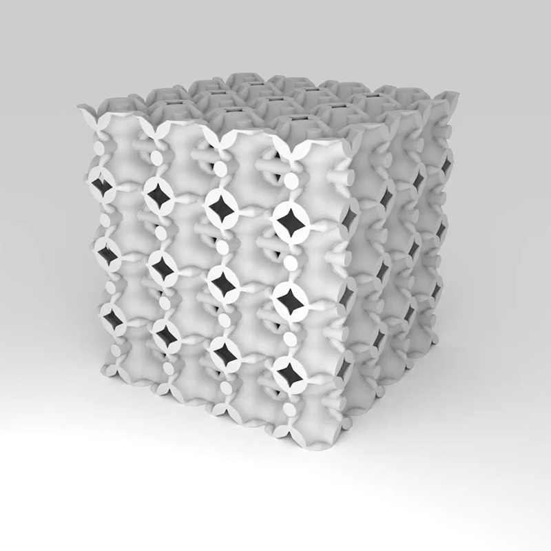 A gray 4x4x4 cube, consisting of connected beams and shapes, rotates infinitely in an animation upon a grayish-white background.