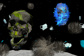 Renderings show a giant mossy skull, plastic bags, and tumbleweeds floating in space. A meteor is covered in jagged blue crystal.