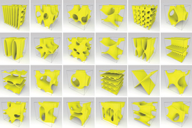 A 6x4 grid shows renderings of yellow objects. The objects have dynamic, bizarre shapes with large holes and a mix of smooth curved and straight surfaces.