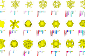 A 7x3 grid shows yellow rendered shapes that are symmetrical. Some are made of squiggly lines forming hollow star-like shapes, and others are more solid, like a cannister with many holes. Under each shape are colorful dots linked together like nodes in a computer program.